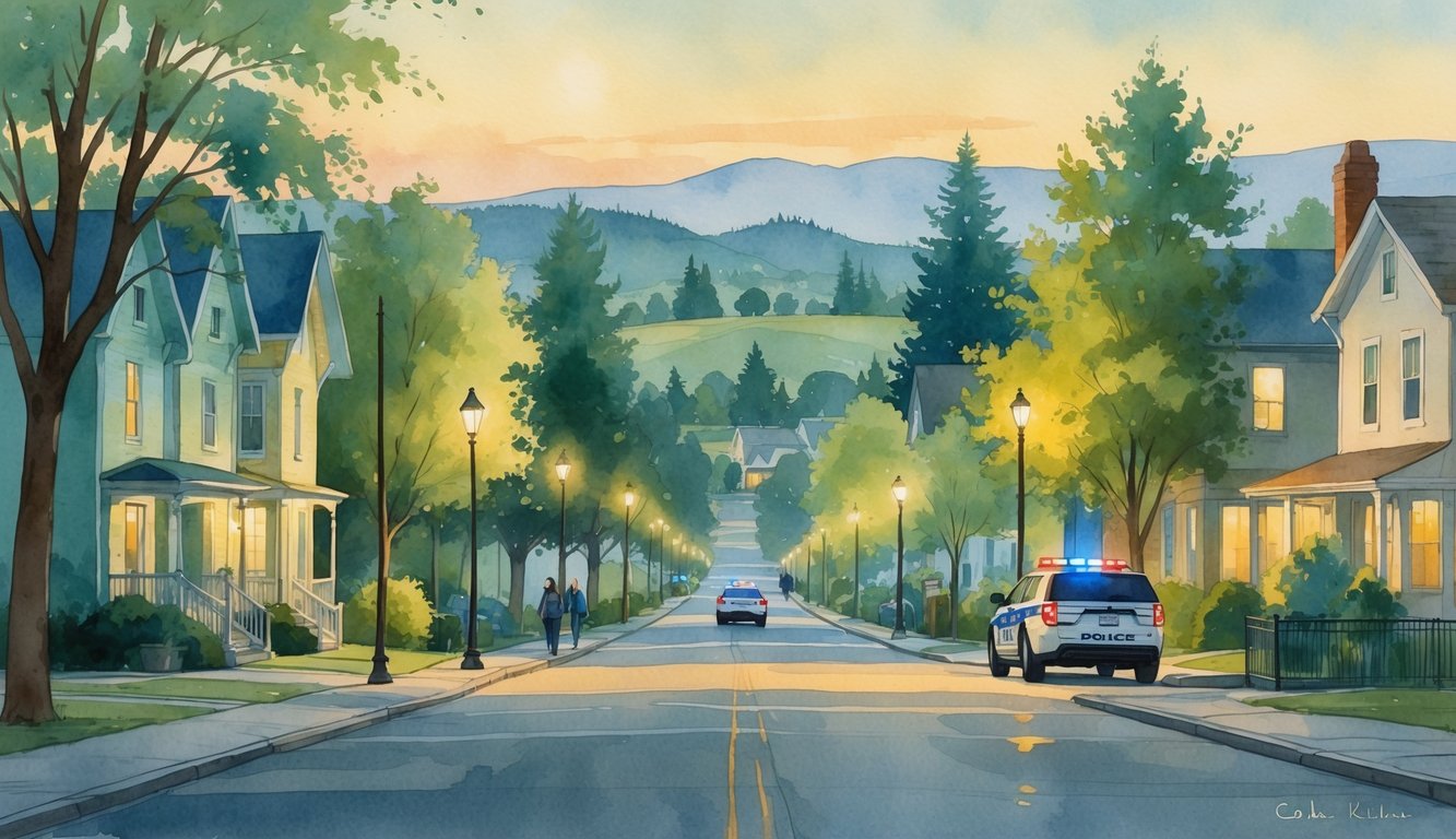 A quiet street in Eugene, Oregon with houses, trees, people walking, and a police car parked near a corner at dusk.