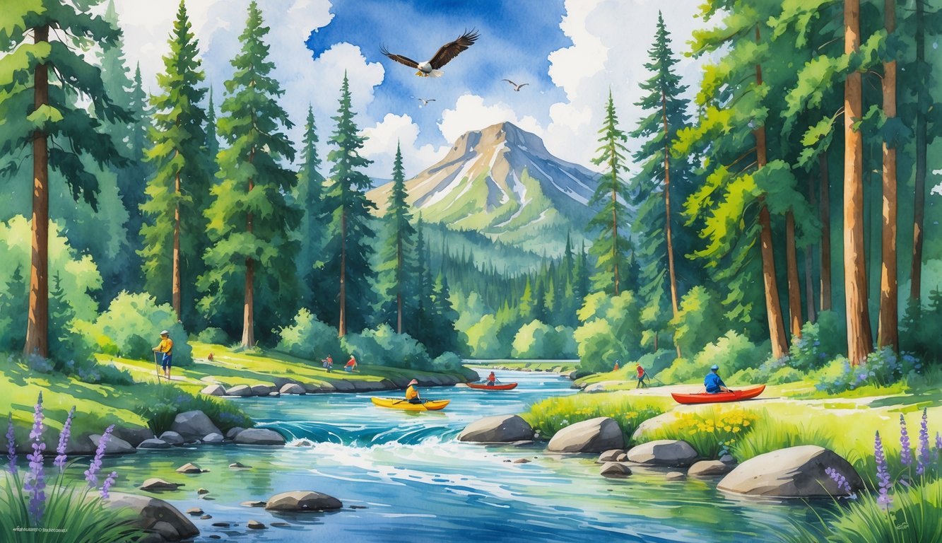 A peaceful outdoor scene with tall evergreen trees, a clear river, hikers on trails, kayakers on the water, wildflowers, and mountains in the background.