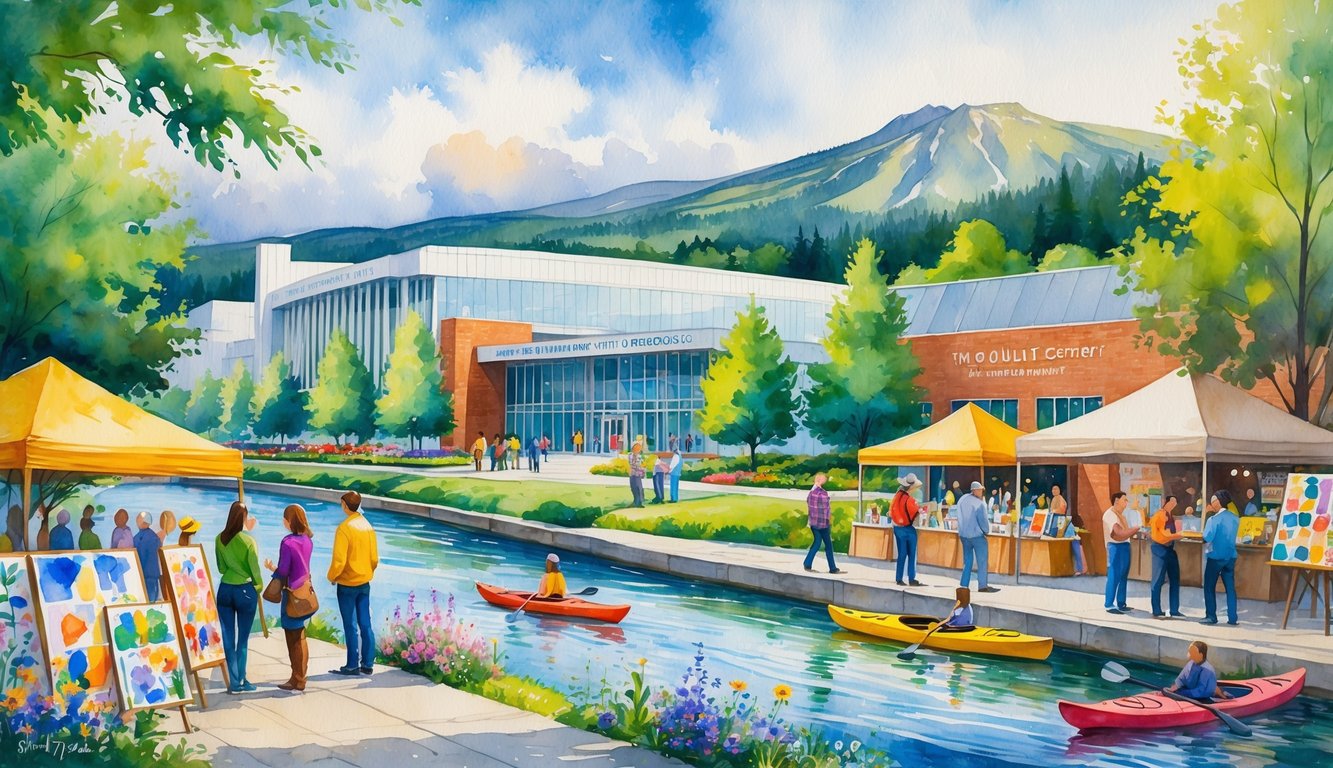 A lively outdoor market near a river with people enjoying art, music, and nature, surrounded by trees and mountains.