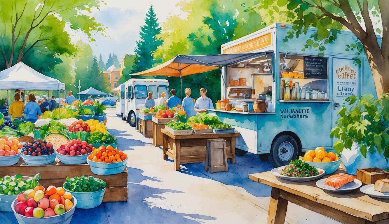 A colorful outdoor market scene with fresh fruits, vegetables, coffee, craft beer, and farm-to-table dishes set against green trees and a river background.
