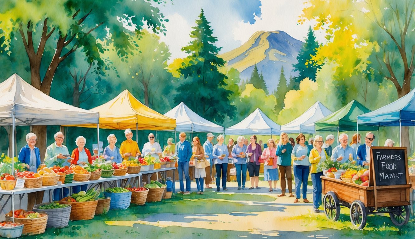 A community food event in a green park with people gathered around tables of fresh fruits and vegetables, surrounded by trees and distant mountains.