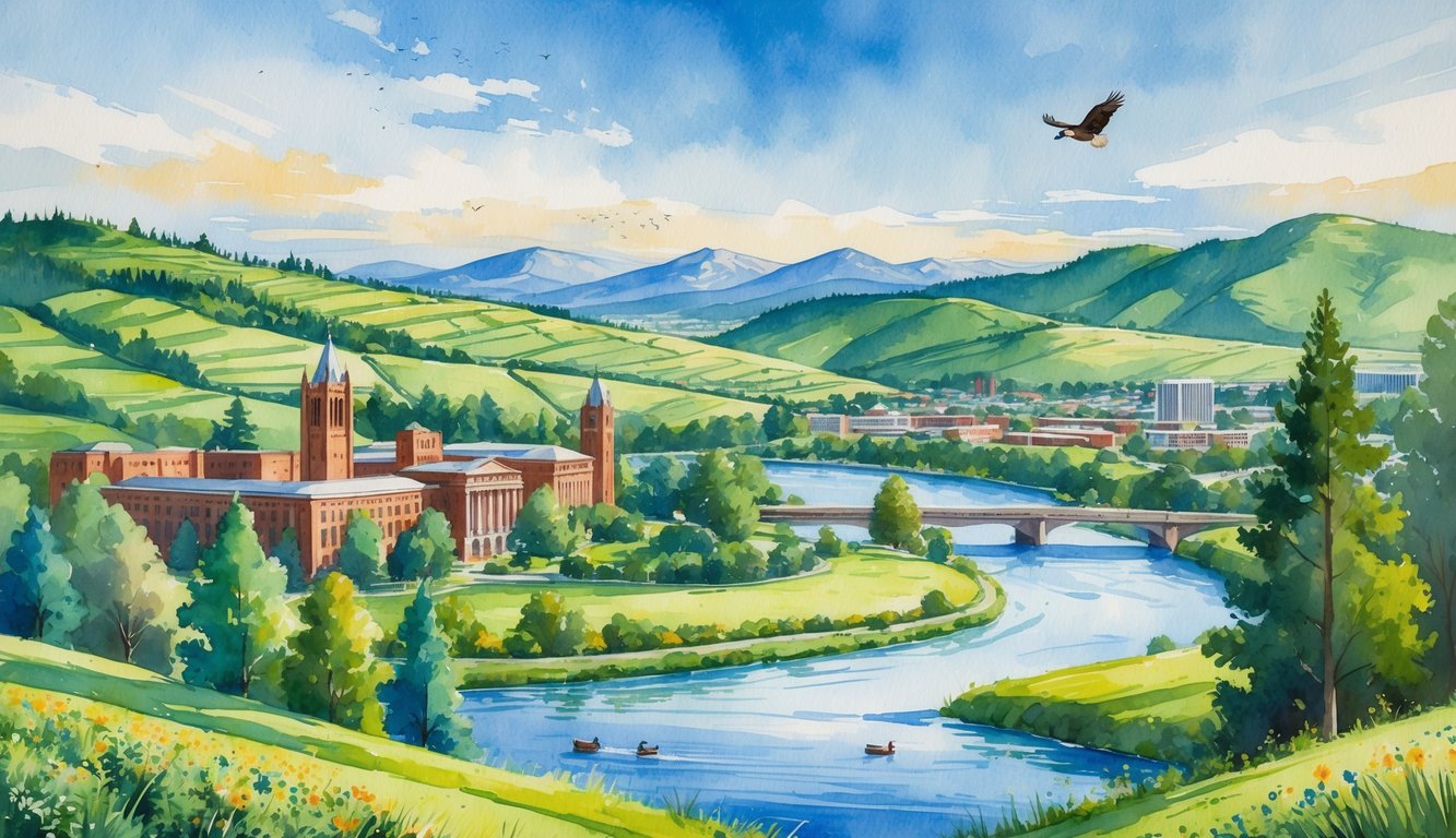 A scenic view of rolling green hills, a river, pine trees, mountains in the distance, and buildings surrounded by nature, with birds flying overhead.