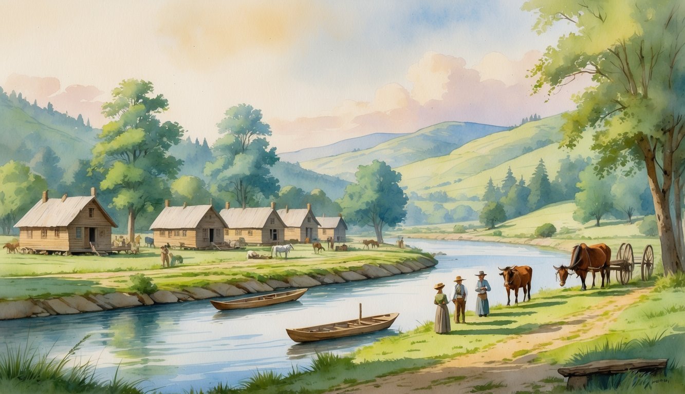 A riverside settlement with wooden cabins, settlers, wagons, and trees near a river surrounded by hills.