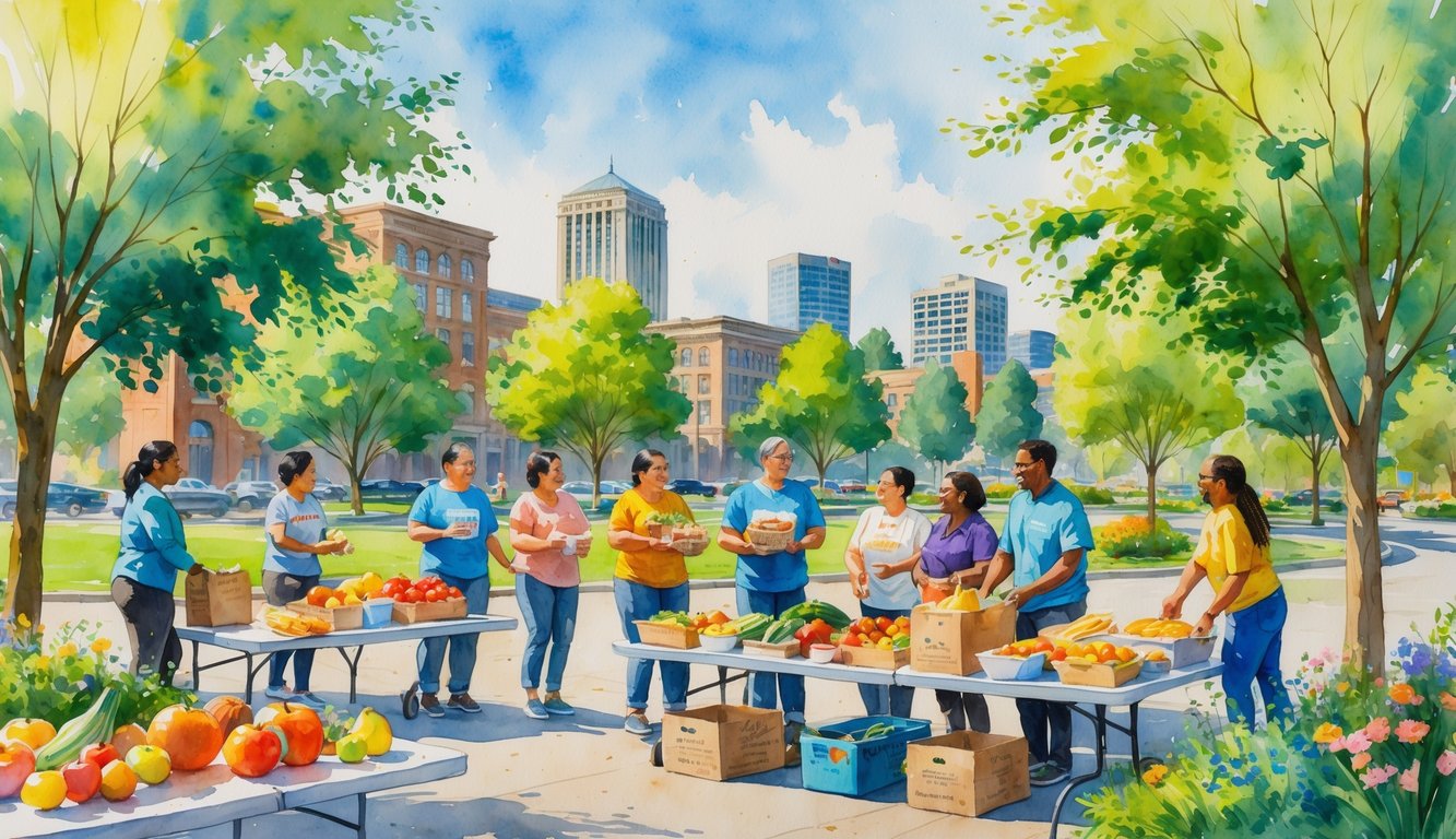 People gathered outdoors in a park in Eugene, Oregon, receiving and sharing fresh food with trees and buildings in the background.