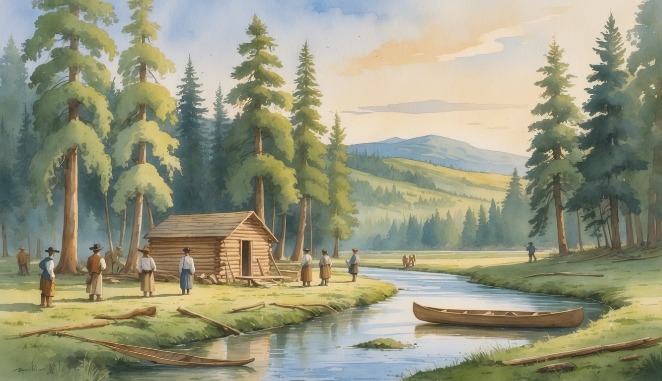 Early settlers building a wooden cabin near a river surrounded by tall pine trees and hills.