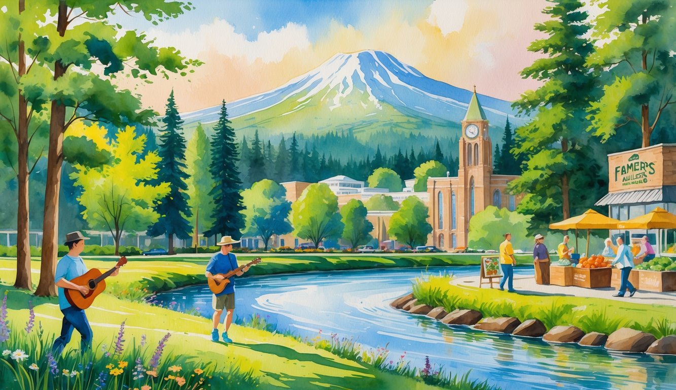 A peaceful outdoor scene showing a river with trees and flowers, mountains in the background, people enjoying music, running, and painting, with buildings and a market nearby.