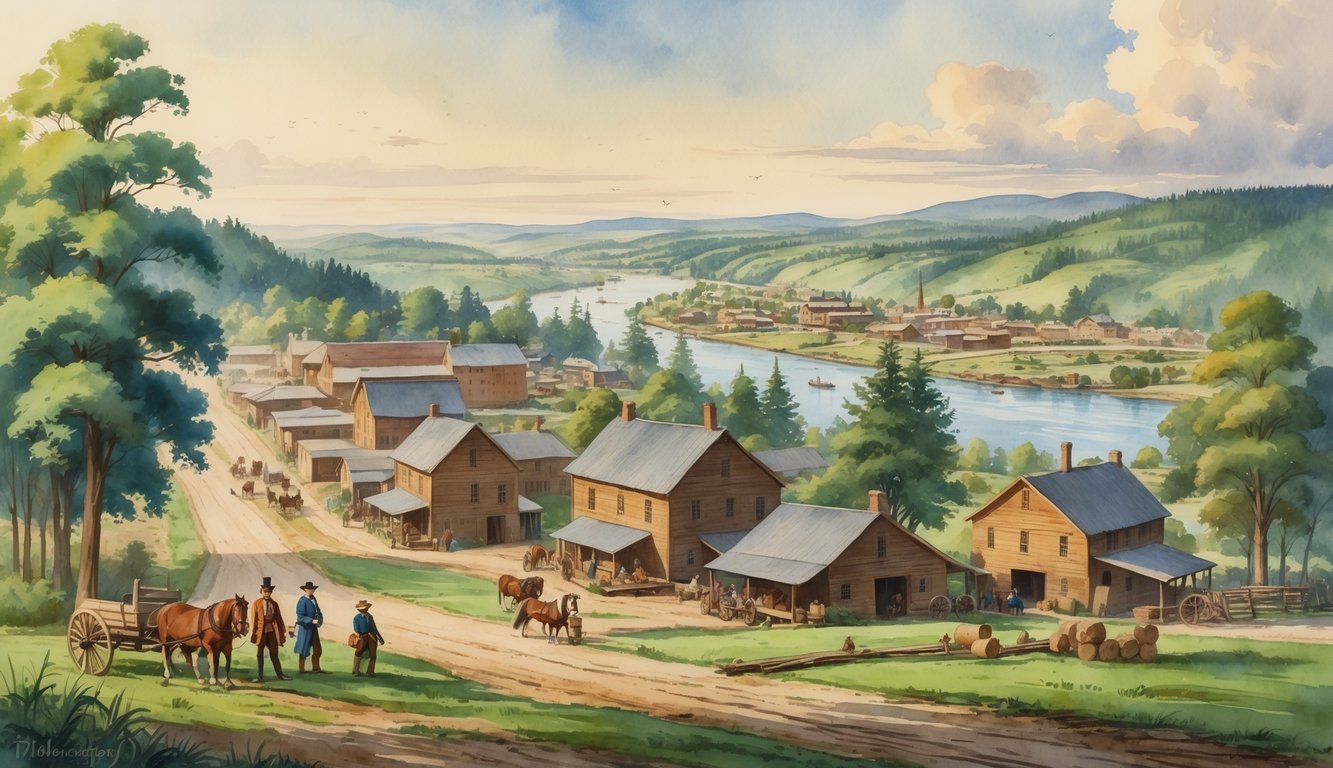A historical scene showing early settlers building a small town near a river surrounded by forests and hills.