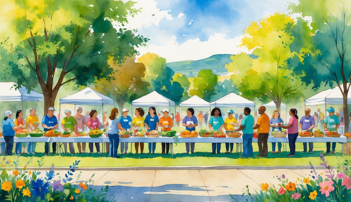 People gathered outdoors in a park in Eugene, Oregon, receiving free meals from volunteers at long tables filled with food.