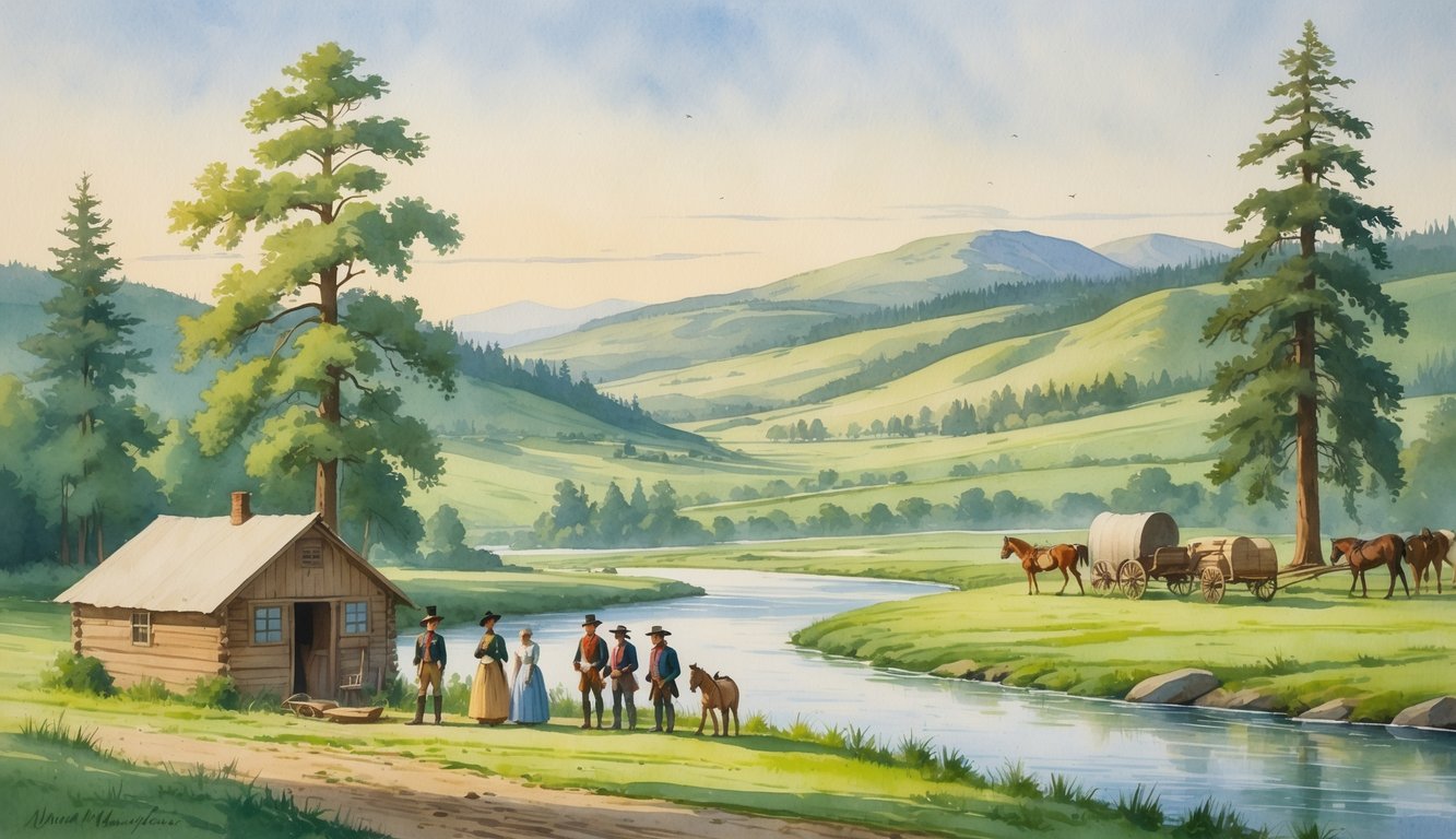 A peaceful riverside scene with pioneers building a cabin near trees and hills under a soft dawn sky.