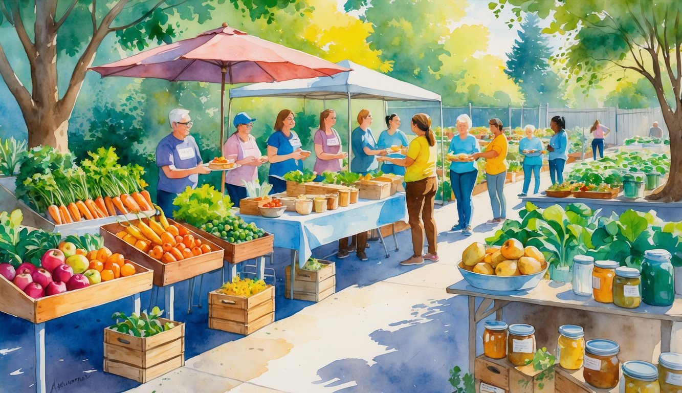 A community gathering with people sharing fresh fruits, vegetables, bread, and soup outdoors near a garden in Eugene, Oregon.