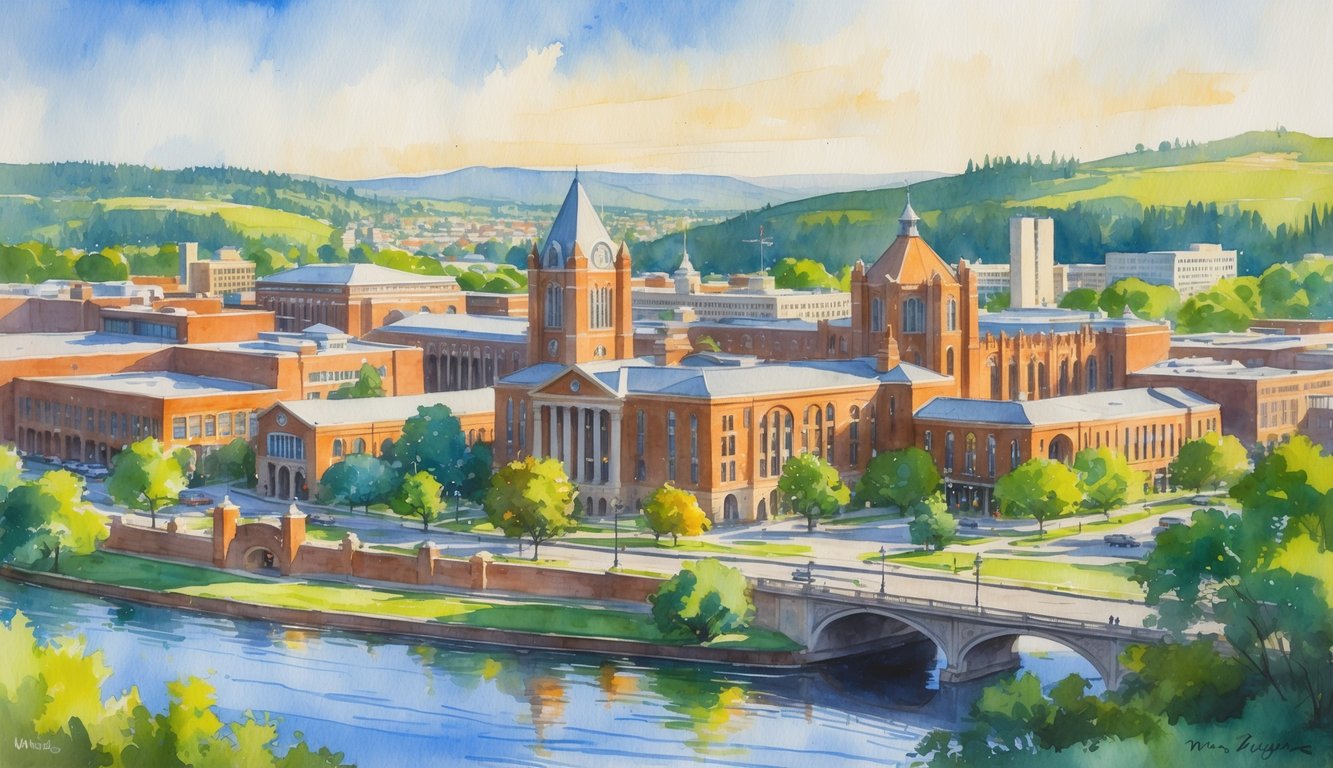 A view of Eugene, Oregon showing the University of Oregon campus, the Willamette River, Skinner Butte Park, and downtown buildings surrounded by trees.