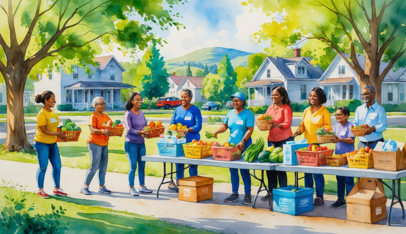 People receiving free food from volunteers at a community food distribution event in a park with trees and houses in the background.