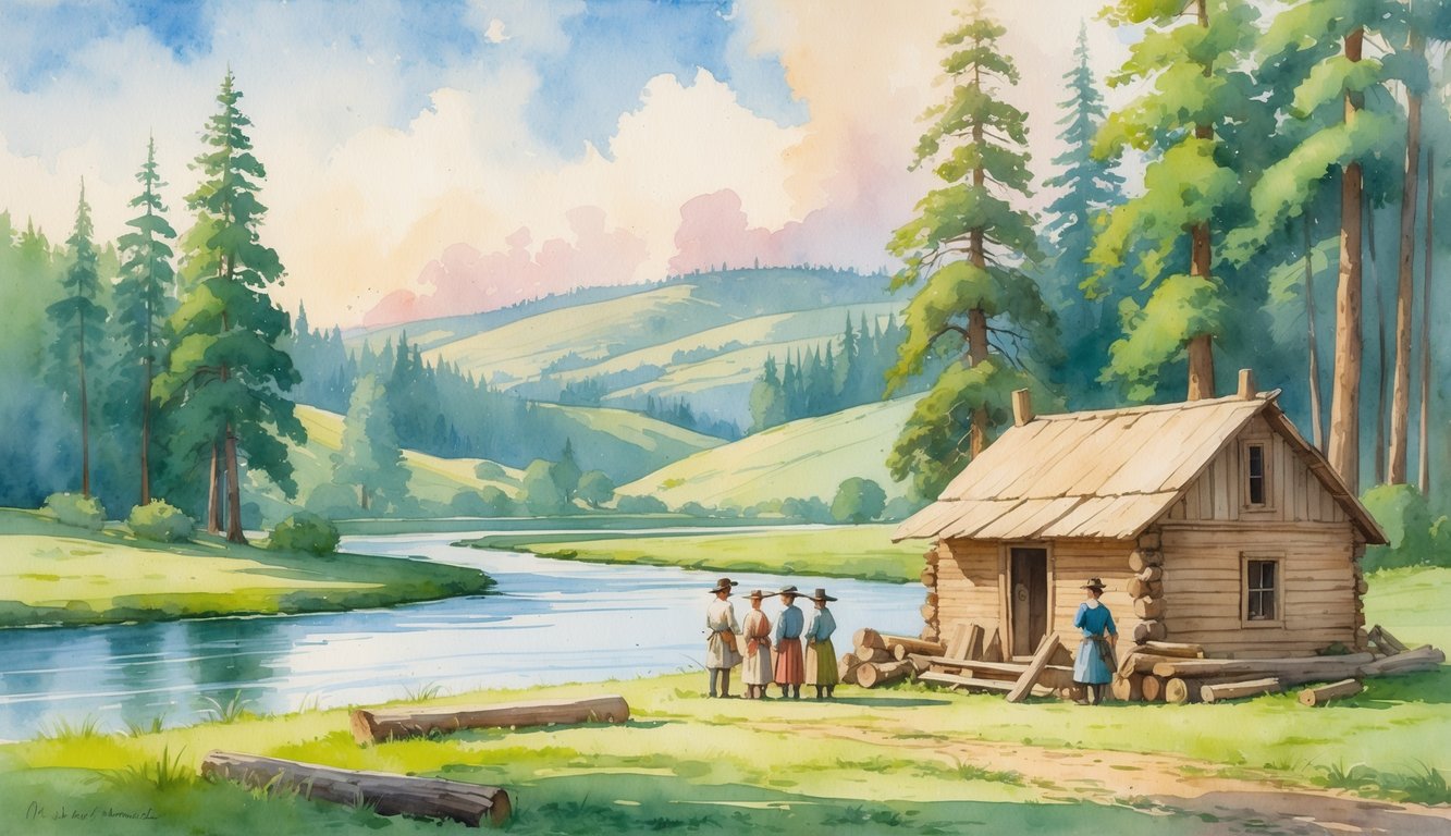 A peaceful riverside scene with early settlers building a wooden cabin surrounded by tall trees and rolling hills.