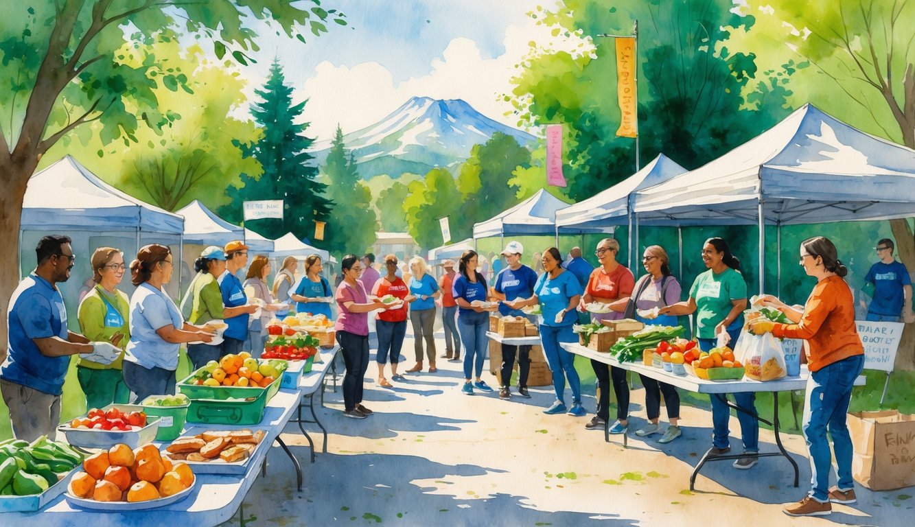 People gathered outdoors in a park receiving free food from volunteers at tables filled with fresh produce, surrounded by trees and distant mountains.