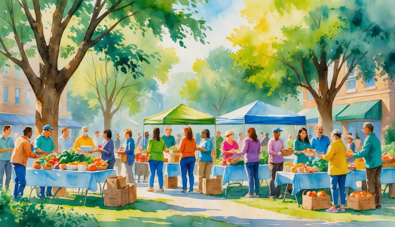People gathered outdoors in a park in Eugene, Oregon, receiving free food from volunteers at tables filled with fresh produce, surrounded by trees and sunlight.