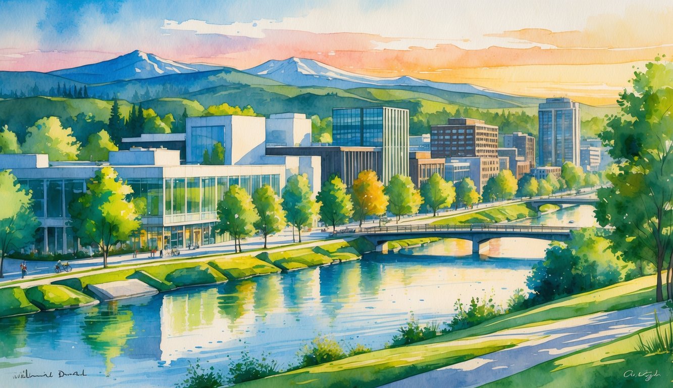 A cityscape of Eugene, Oregon showing a river, trees, modern buildings, mountains in the background, and people enjoying the outdoors.