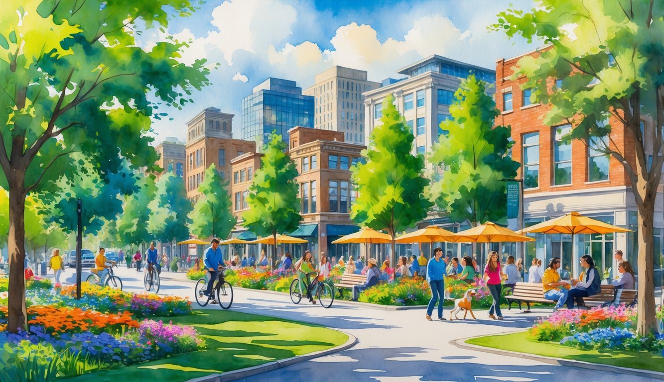 A city park in Eugene, Oregon with people walking, biking, and sitting on benches surrounded by trees and buildings.