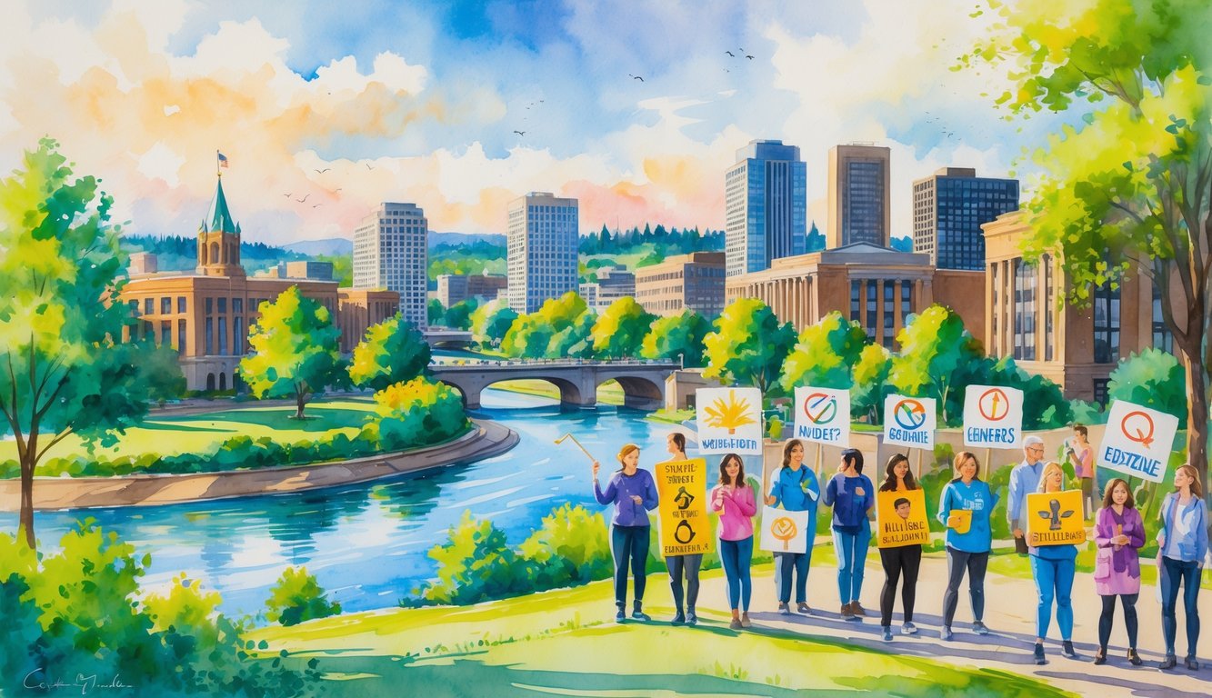 A cityscape of Eugene, Oregon with people gathered outdoors near trees and a river, engaging in community activities and surrounded by buildings and nature.