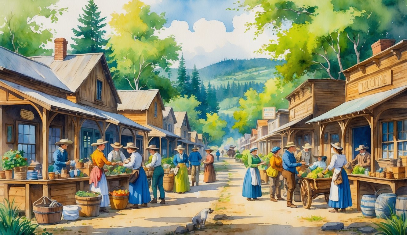 A small 19th-century town with people trading goods on a main street lined with wooden buildings, surrounded by trees and a river.