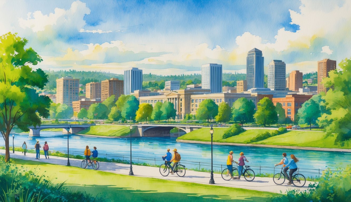 A cityscape showing Eugene, Oregon with parks, people, a river, and buildings, with other cities faintly visible in the background.