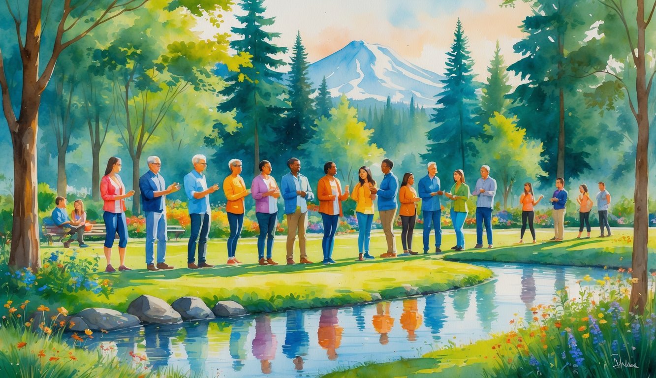A diverse group of people gathered in a park with trees, flowers, and mountains in the background, interacting peacefully and warmly.