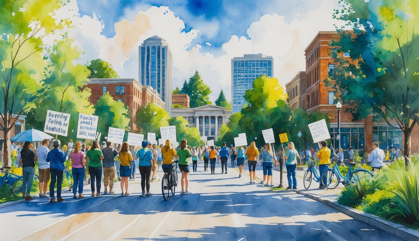 A city scene showing diverse people gathered outdoors near buildings and trees, engaged in community activities and peaceful demonstrations.