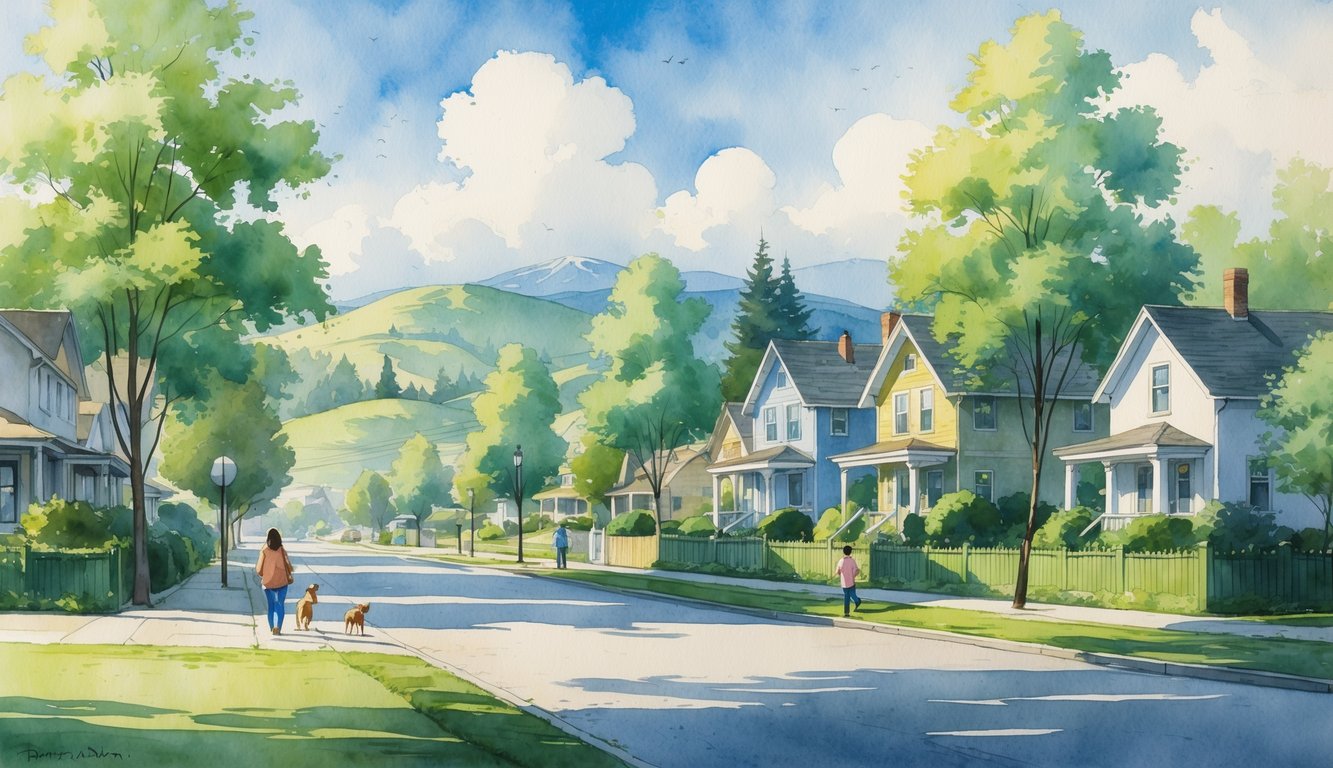 A peaceful neighborhood with houses, trees, people walking dogs, children playing, hills, and mountains in the background.