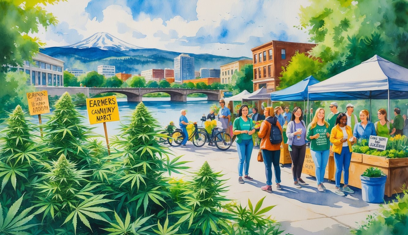 A community garden with cannabis plants near a river and mountains, where diverse people gather peacefully in a city setting.