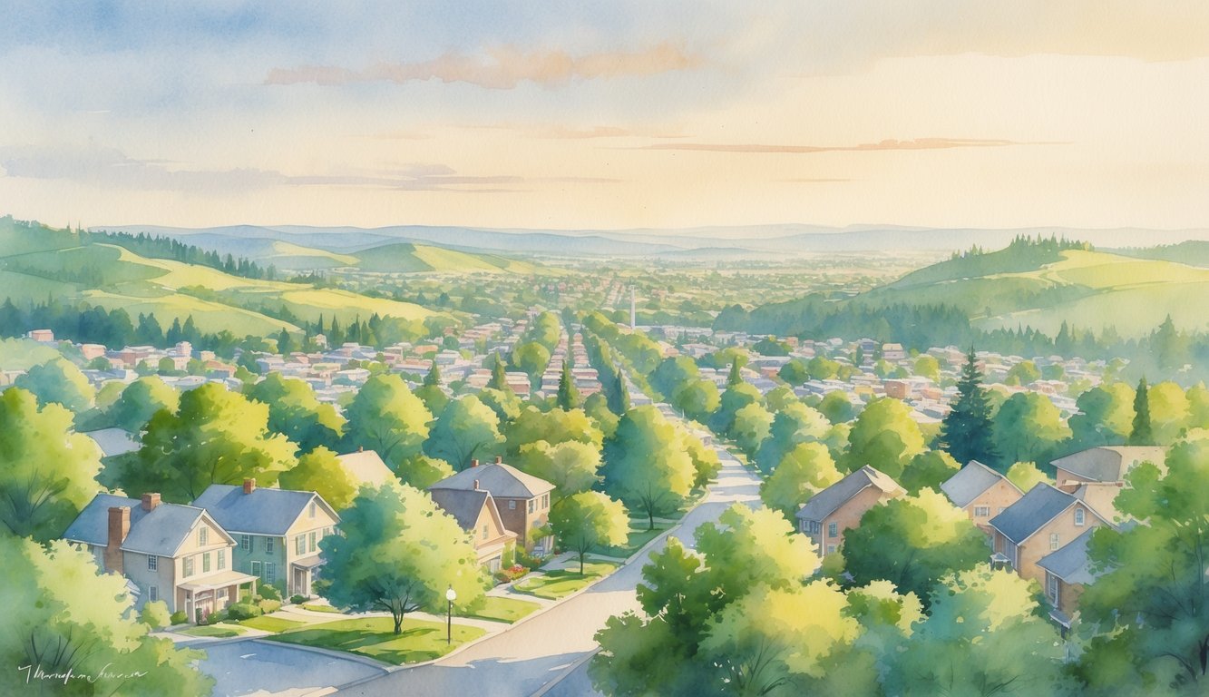 A peaceful view of a city surrounded by trees and hills with houses and streets under a calm sky.