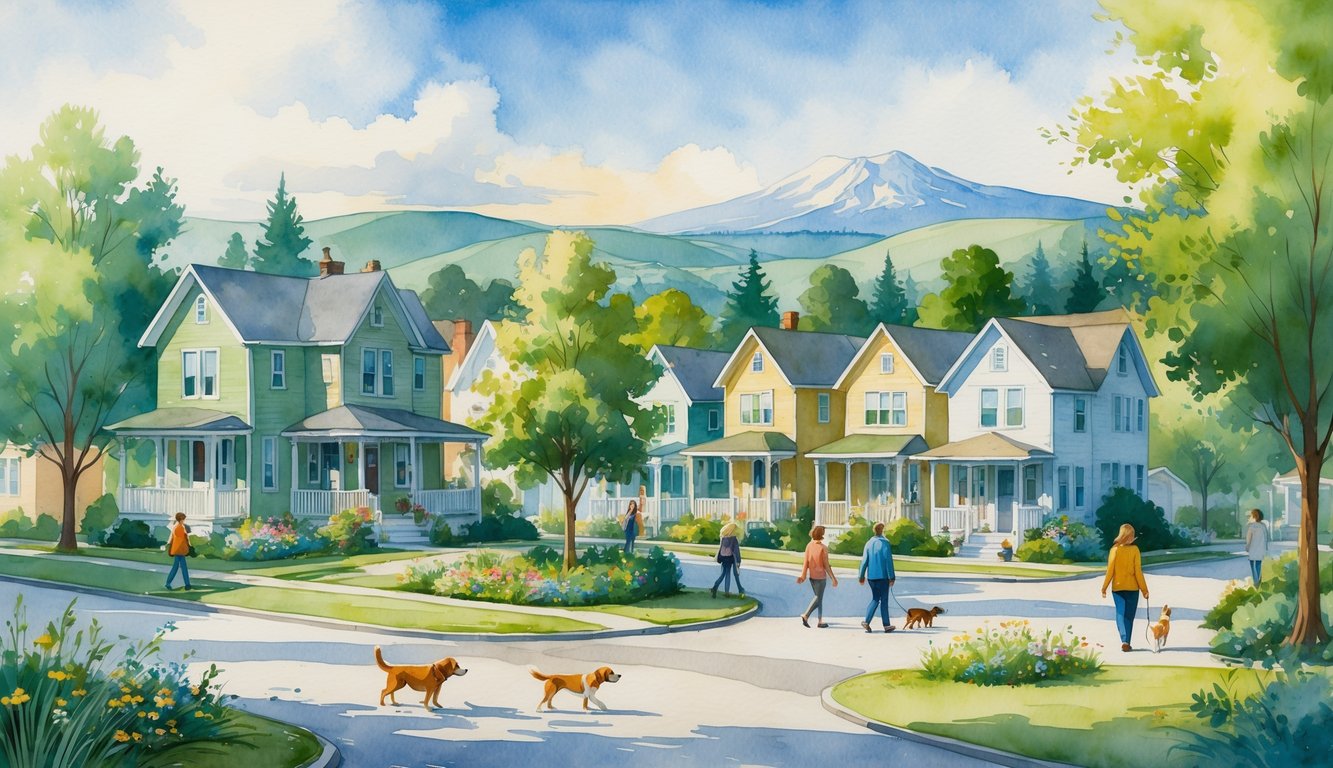 A peaceful neighborhood with houses, trees, people walking dogs, children playing, hills and mountains in the background, and a calm river nearby.