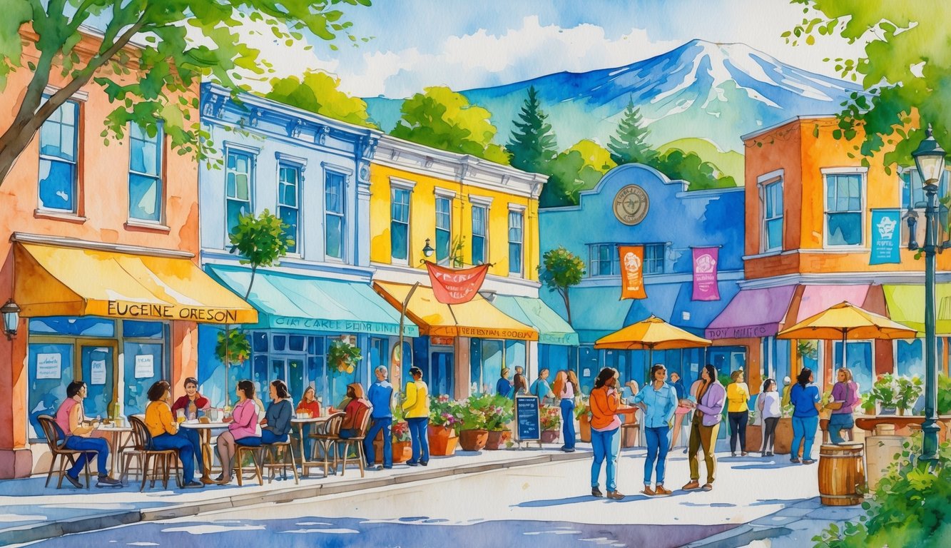 A lively downtown scene in Eugene, Oregon, with people gathered around colorful buildings, outdoor cafes, and community centers surrounded by trees and mountains.