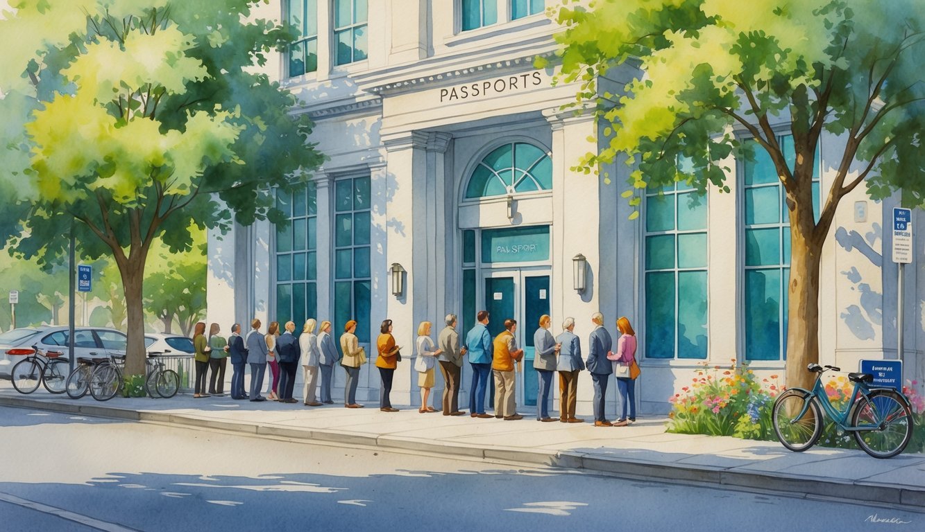 People waiting outside a government building surrounded by trees and flowers in Eugene, Oregon.