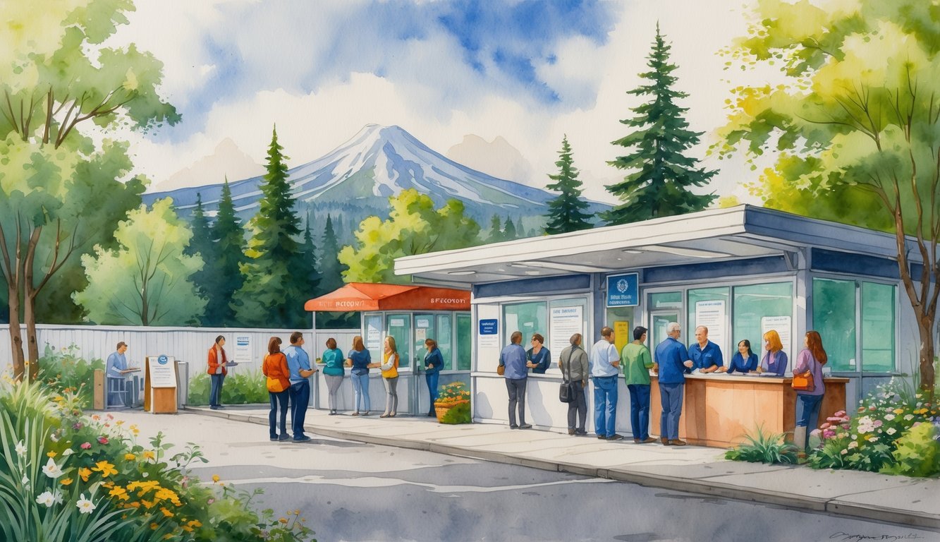 A peaceful outdoor scene showing people applying for passports at a welcoming center surrounded by trees and mountains in Eugene, Oregon.