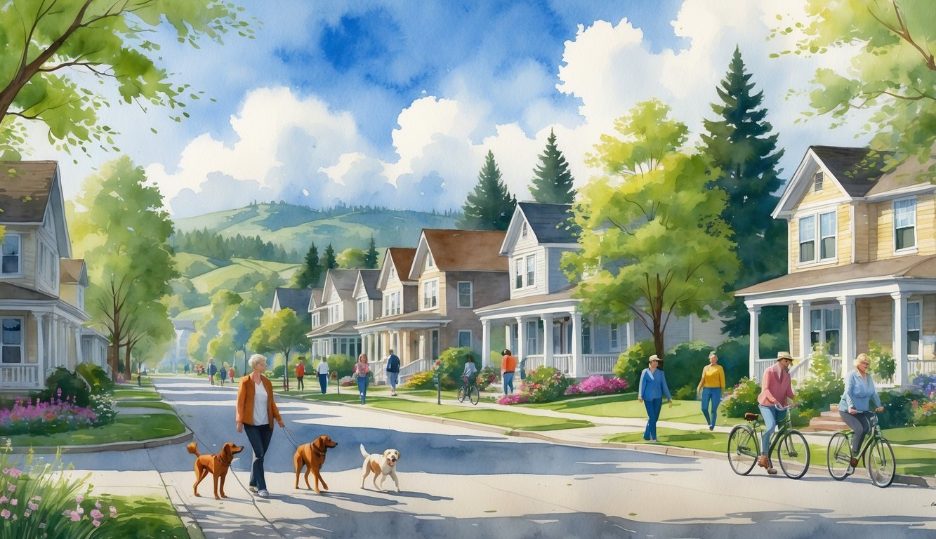 A peaceful neighborhood with houses, trees, people walking dogs and riding bicycles, and hills in the background.