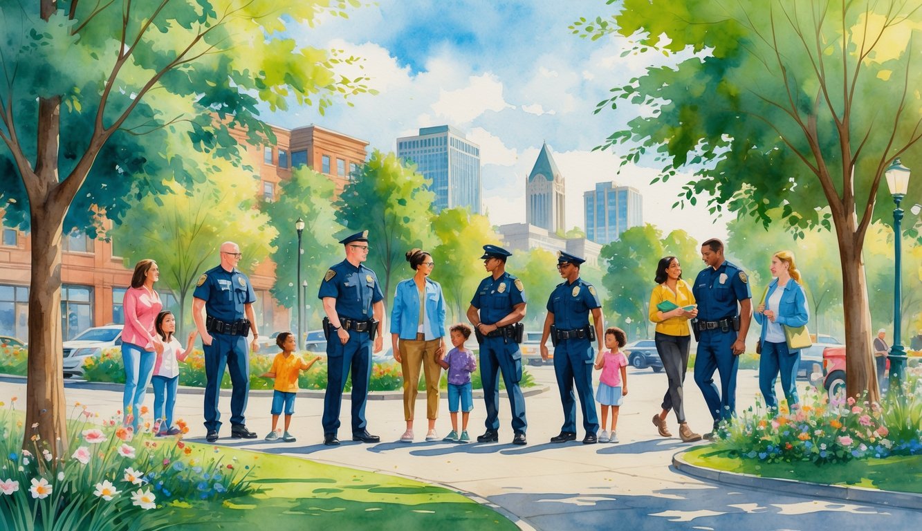 A city park scene in Eugene, Oregon showing police officers interacting positively with diverse community members among trees and flowers with city buildings in the background.