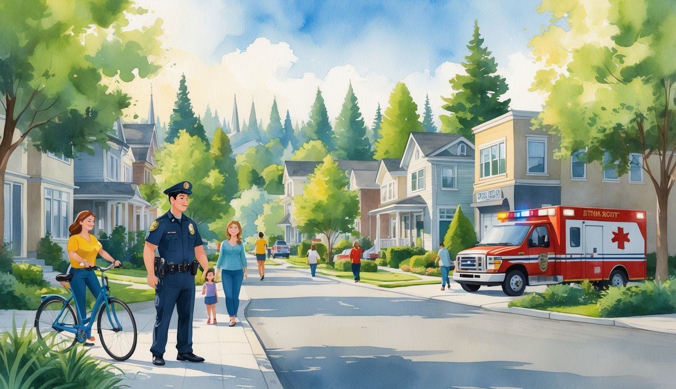 A peaceful neighborhood in Eugene, Oregon with residents, a police officer, a fire station, and greenery, showing a safe and welcoming community.