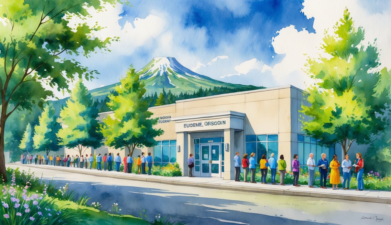 People waiting outside a government office in Eugene, Oregon, with trees, a river, and mountains in the background.