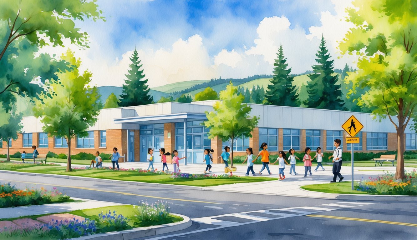 A school with children playing outside, surrounded by trees and hills, with a crossing guard helping students cross a street.