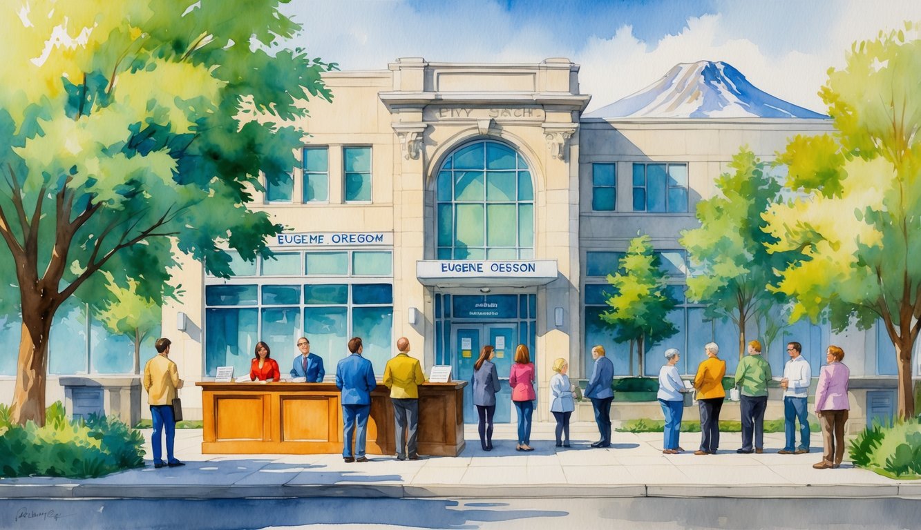 People applying for passports at a city hall in Eugene, Oregon, with trees and mountains in the background.