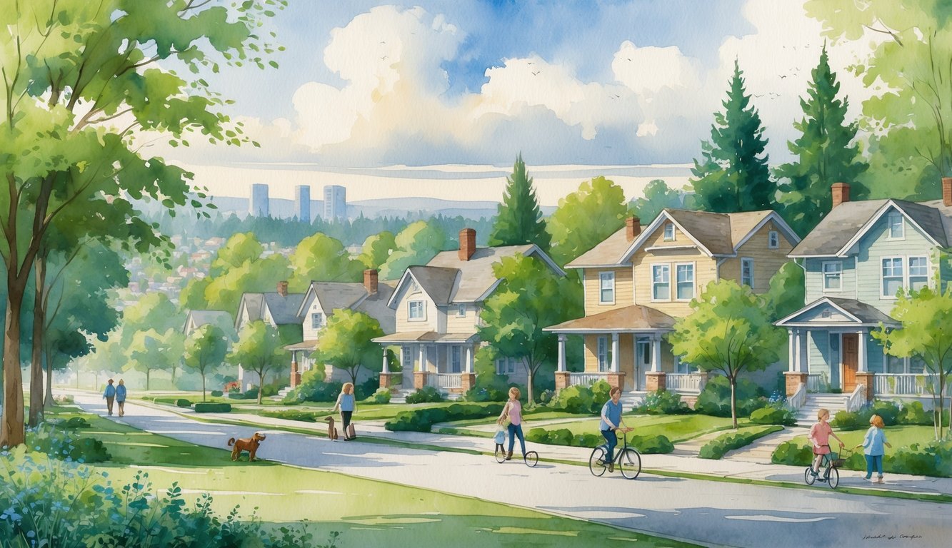 A peaceful neighborhood with houses, trees, people walking dogs, children playing, and cyclists on quiet streets near hills and city buildings.