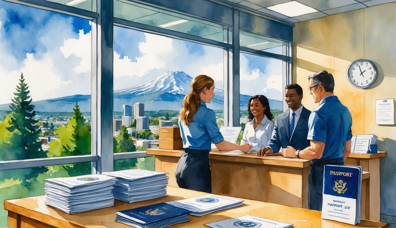 People receiving passport services inside a government office with a view of Eugene city and mountains outside the window.