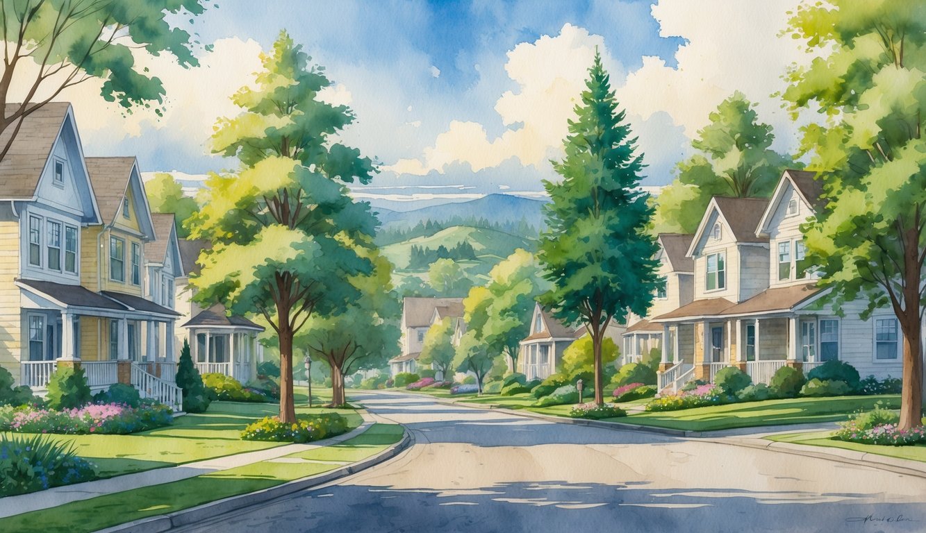 A peaceful neighborhood with houses, trees, and hills under a partly cloudy sky.