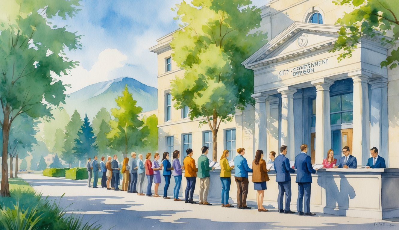 People waiting in line outside a government building in Eugene, Oregon, with trees and mountains in the background, as an official helps an applicant with paperwork.