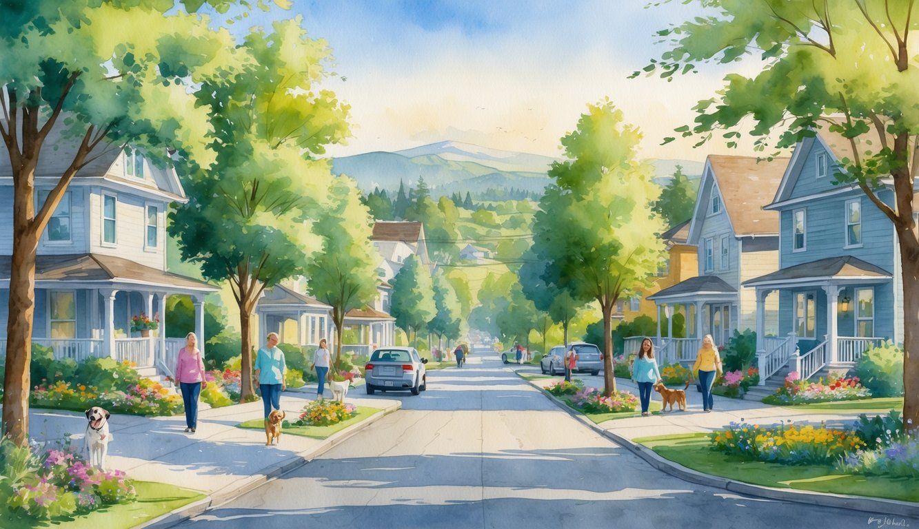 A peaceful neighborhood with tree-lined streets, flowers, houses, hills, and people walking and biking outdoors.
