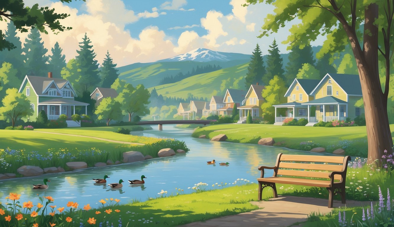 A peaceful town with a calm river, green trees, colorful flowers, cozy houses, and distant mountains under a partly cloudy sky.
