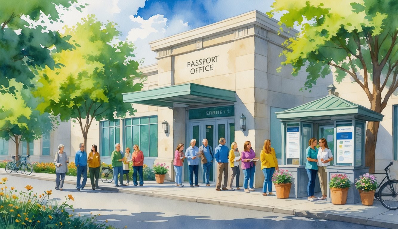 A government building in Eugene, Oregon with people waiting outside and a staff member helping a family at an information booth surrounded by trees and flowers.
