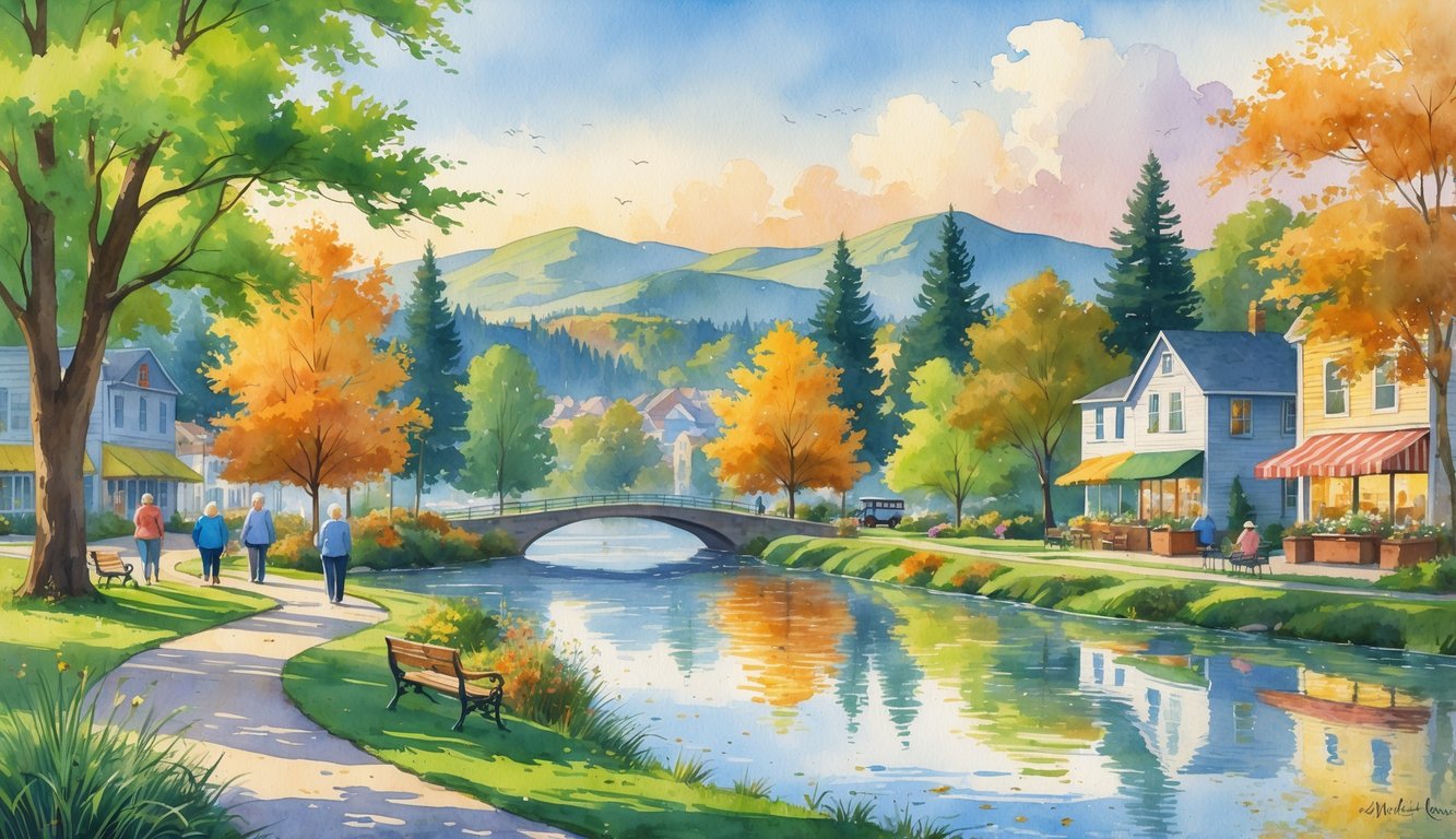 A peaceful riverside park with trees, autumn leaves, rolling hills, mountains, and people walking and sitting near a small town.