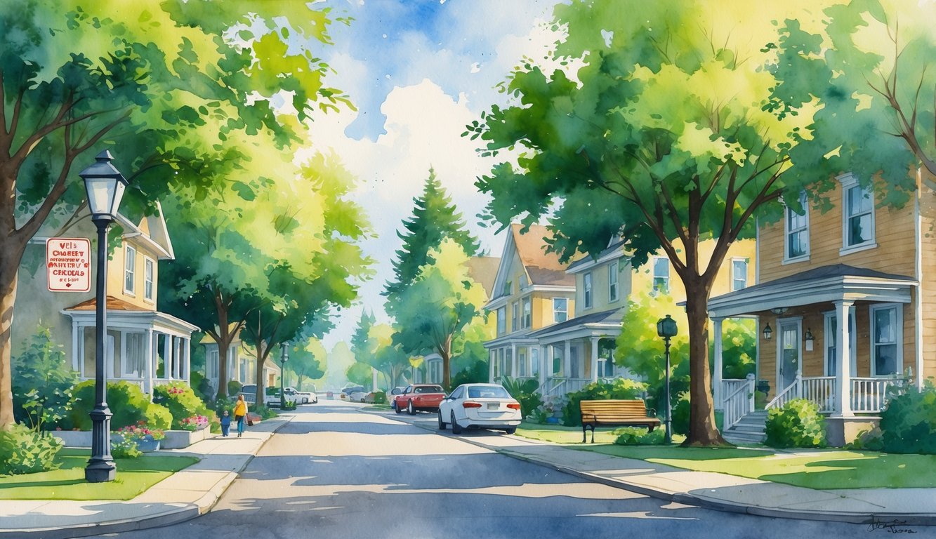 A peaceful neighborhood with tree-lined streets, houses, children playing in a park, and a calm atmosphere.