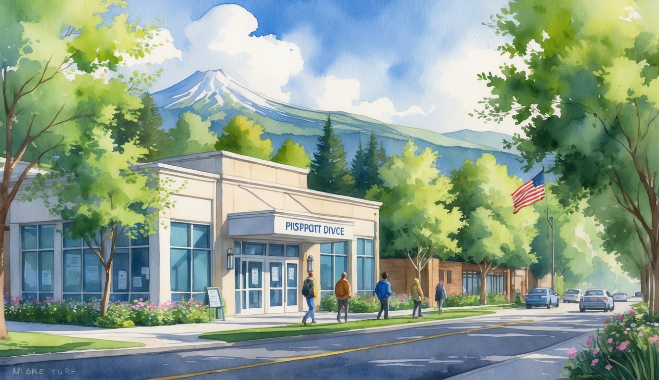 A peaceful scene showing a passport office building in a tree-lined street in Eugene, Oregon, with mountains in the background and people walking nearby.