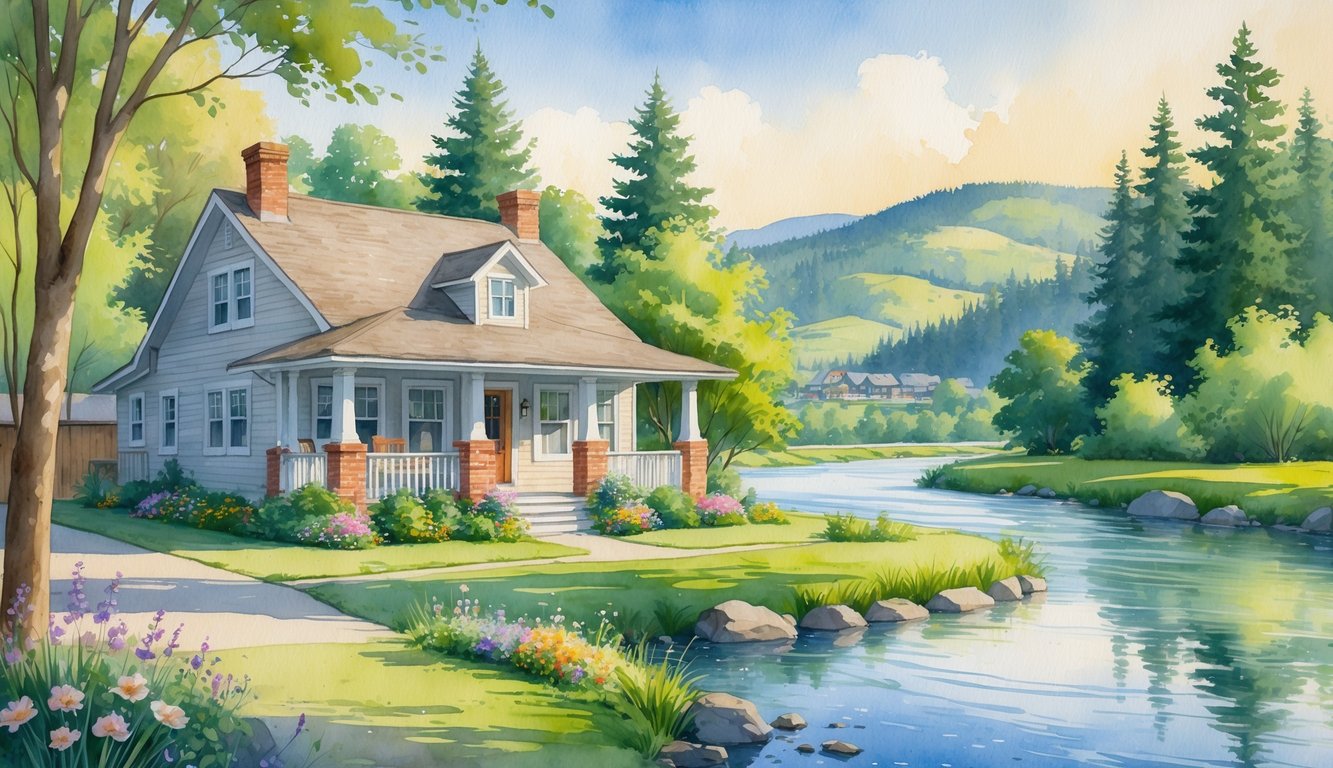 A peaceful scene with a cozy house near a calm river, surrounded by trees and hills.